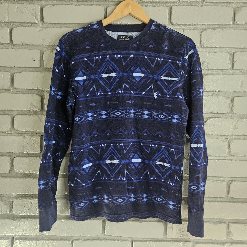 Polo Ralph Lauren Shirt M Blue Aztec Waffle Thermal Long Sleeve Southwest‎ Layer